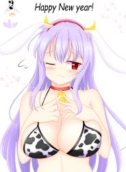 Rule 34 | :&lt;, animal ears, animal print, bell, blush, breasts, chinese zodiac, cleavage, collar, cow print, embarrassed, english text, happy new year, headband, highres, horns, kune-kune, large breasts, long hair, neck bell, new year, one eye closed, purple hair, rabbit ears, red eyes, reisen udongein inaba, shunki, solo, touhou, year of the ox