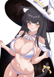 1girl absurdres animal_ears bare_arms bare_shoulders bikini black_hair breasts cape cat_ears cat_tail cleavage commission cowboy_shot ears_through_headwear grin halterneck hat highres large_breasts long_hair looking_at_viewer navel off_shoulder oldsickkim original skindentation smile solo starry_sky_print stomach string_bikini swimsuit tail thigh_gap white_bikini white_cape white_hat witch_hat yellow_eyes