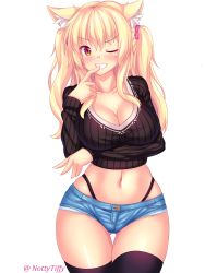 Rule 34 | 1girl, ;d, animal ear fluff, animal ears, black panties, black thighhighs, blonde hair, blush, breasts, cat ears, cleavage, commentary, crop top, denim, denim shorts, english commentary, finger to mouth, gluteal fold, highleg, highleg panties, highres, large breasts, long hair, looking at viewer, nottytiffy, one eye closed, open mouth, original, panties, red eyes, short shorts, shorts, simple background, slit pupils, smile, solo, standing, teeth, thighhighs, tiffy (nottytiffy), twintails, twitter username, underwear, white background