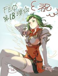 Rule 34 | 1girl, armor, artist name, belt, breastplate, closed mouth, fire emblem, fire emblem: the sacred stones, fire emblem cipher, green eyes, green hair, long hair, nintendo, shoulder armor, sitting, smile, solo, suzuki rika, thighhighs, vanessa (fire emblem), white armor, white thighhighs