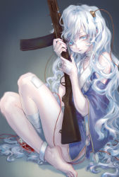 Rule 34 | 1girl, absurdres, assault rifle, automatic rifle, bandaged leg, bandaged neck, bandages, barefoot, blood, blood bag, blue eyes, blue hair, blush, boots, breasts, buckle, chauchat-ribeyrolles 1918, closed mouth, collarbone, dress, ethanol (8521966), eyebrows, full body, gauze, girls&#039; frontline, gloves, gun, hair between eyes, highres, holding, holding gun, holding weapon, intravenous drip, legband, long hair, long sleeves, looking at viewer, magazine (weapon), messy hair, nail polish, off shoulder, one eye closed, open mouth, ribeyrolles (girls&#039; frontline), ribeyrolles 1918, rifle, short dress, signature, sitting, small breasts, solo, tassel, toenail polish, toenails, very long hair, wavy hair, weapon, white hair, wide sleeves