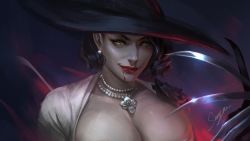 Rule 34 | 1girl, alcina dimitrescu, black hair, blood, breasts, cleavage, dress, earrings, hat, highres, jewelry, looking at viewer, makeup, necklace, resident evil, resident evil village, sariya asa, short hair, smirk, solo, sun hat, white dress, yellow eyes