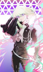 Rule 34 | 1boy, ashita kura, bad id, bad twitter id, belt, black gloves, black jacket, blonde hair, ascot, earrings, fire, gloves, half gloves, highres, jacket, jewelry, lio fotia, looking at viewer, male focus, multiple belts, outstretched arm, promare, purple eyes, solo
