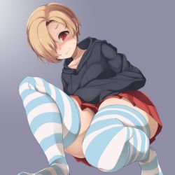 Rule 34 | 1girl, aki (sangetusei), blonde hair, highres, idolmaster, idolmaster cinderella girls, idolmaster cinderella girls starlight stage, shirasaka koume, short hair, solo, squatting, striped clothes, striped thighhighs, tagme, tears, thick thighs, thighhighs, thighs