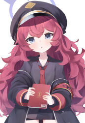 Rule 34 | 1girl, :o, absurdres, armband, black hat, blue archive, blush, book, collared shirt, flat chest, grey eyes, hair between eyes, halo, hat, highres, holding, holding book, iroha (blue archive), jacket, light blush, long hair, long sleeves, looking at viewer, military hat, necktie, peaked cap, pencil skirt, red hair, red necktie, rotroto, safety pin, shirt, simple background, skirt, solo, very long hair, wavy hair, white background