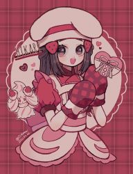 Rule 34 | 1girl, alcremie, alcremie (strawberry sweet), apron, artist name, black hair, buttons, character name, creatures (company), dated, dawn (palentine&#039;s 2021) (pokemon), dawn (pokemon), eyelashes, frills, game freak, gen 8 pokemon, hair ornament, hairclip, hands up, hat, heart, highres, long hair, looking at viewer, mittens, narumame, nintendo, official alternate costume, open mouth, oven mitts, pink ribbon, pokemon, pokemon (creature), pokemon masters ex, ribbon, short sleeves, sidelocks, smile, teeth, tongue, twitter username, upper body