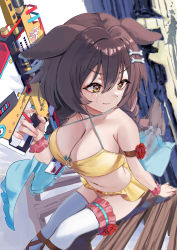 Rule 34 | 1girl, animal ears, bikini, bone hair ornament, breasts, bridal garter, brown eyes, brown hair, chen bingyou, cleavage, criss-cross halter, dog ears, dog girl, dog tail, feet out of frame, from above, gun, hair between eyes, hair ornament, halterneck, highres, holding, holding gun, holding weapon, hololive, inugami korone, large breasts, long hair, looking away, looking to the side, sitting, solo, swimsuit, tail, thighhighs, twintails, virtual youtuber, weapon, white thighhighs, wrist cuffs, yellow bikini