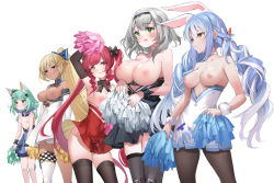Rule 34 | 5girls, :p, adapted costume, animal ear fluff, animal ears, arm under breasts, arm up, armpits, bare shoulders, black bow, black thighhighs, blonde hair, blue bow, blue hair, blue hairband, blunt bangs, blush, bow, braid, breasts, brown pantyhose, brown thighhighs, cat ears, checkered clothes, choker, closed mouth, collarbone, content rating, cowboy shot, dark-skinned female, dark skin, detached collar, detached sleeves, drill hair, ear ribbon, elbow gloves, elf, embarrassed, extra ears, flat chest, furrowed brow, fuyouchu, gloves, green eyes, green hair, grey hair, hair bow, hair ornament, hairband, hand on own hip, heterochromia, high-waist skirt, high ponytail, highres, holding, holding pom poms, hololive, hololive fantasy, houshou marine, inverted nipples, large breasts, lineup, long hair, looking away, low twintails, medium breasts, medium hair, multicolored hair, multiple girls, naughty face, open mouth, orange eyes, pantyhose, parted lips, pointy ears, pom pom (cheerleading), pom poms, ponytail, rabbit ears, red eyes, red hair, red skirt, seductive smile, shiranui flare, shirogane noel, simple background, single thighhigh, skirt, skull hair ornament, sleeve cuffs, smile, standing, sweatdrop, thighhighs, tongue, tongue out, topless, twintails, two-tone hair, uruha rushia, usada pekora, very long hair, virtual youtuber, white background, white choker, white hair, white skirt, white thighhighs, wind, wind lift, wrist cuffs, yellow eyes