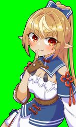 Rule 34 | 1girl, blonde hair, blue bow, blush, bow, breasts, brown gloves, cleavage, closed mouth, corset, dark-skinned female, dark skin, detached sleeves, elf, finger to mouth, gloves, green background, hair bow, high ponytail, highres, hololive, leather, leather gloves, long hair, miniskirt, orange eyes, pointy ears, shiranui flare, shiranui flare (old design), simple background, skirt, smile, solo, thick outlines, underbust, v-shaped eyebrows, virtual youtuber