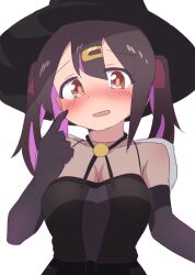 Rule 34 | 1girl, alternate costume, black gloves, black hair, black hat, blush, breasts, brown eyes, cleavage, commentary, dot nose, elbow gloves, fangs, finger to face, gloves, hair between eyes, hair ornament, hairclip, halloween costume, hat, hatafuta, long hair, looking at viewer, medium breasts, multicolored hair, nose blush, onii-chan wa oshimai!, open mouth, oyama mihari, purple hair, simple background, sketch, solo, twintails, two-tone hair, upper body, white background, witch hat
