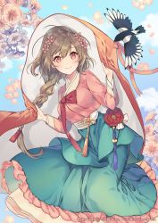 Rule 34 | 1girl, animal, bad id, bad pixiv id, bird, blue sky, bow, braid, character request, cloud, commentary request, day, flower, hair bow, hair flower, hair ornament, laurelfalcon, light brown hair, long hair, mouth hold, official art, outdoors, pink flower, red bow, red flower, red ribbon, ribbon, ribbon in mouth, sid story, sky, solo, very long hair, watermark