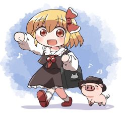 Rule 34 | 1girl, animal, animal ears, bag, black dress, black vest, blonde hair, blurry, blurry background, blush, brown footwear, chibi, dress, eighth note, hand up, hat, holding, holding bag, musical note, outdoors, petticoat, pig, pig tail, red ribbon, ribbon, rokugou daisuke, rumia, shadow, simple background, tail, touhou, vest