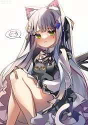 Rule 34 | 1girl, animal ears, assault rifle, bandaid, bare legs, black cat, blush, bow, bowtie, cat, cat ears, cat tail, checkered clothes, checkered neckwear, closed mouth, crying, dress, frown, girls&#039; frontline, green eyes, gun, h&amp;k hk416, hair ornament, hairclip, highres, hk416 (black kitty&#039;s gift) (girls&#039; frontline), hk416 (girls&#039; frontline), kemonomimi mode, knees up, long hair, looking at viewer, nyaruin, official alternate costume, rifle, silver hair, sitting, speech bubble, tail, teardrop facial mark, teardrop tattoo, tears, twitter username, wavy mouth, weapon, wing collar, x hair ornament