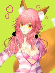 Rule 34 | 1girl, animal ear fluff, animal ears, bad id, bad twitter id, bikini, bikini top only, breasts, cleavage, collarbone, fate/grand order, fate (series), fox ears, fox tail, green background, hair between eyes, heart, highres, jacket, large breasts, long hair, looking at viewer, official alternate costume, open clothes, open jacket, partially unzipped, pink bikini, pink hair, pink jacket, sketch, smile, solo, striped clothes, striped jacket, swimsuit, tail, tamamo (fate), tamamo no mae (fate/extra), tamamo no mae (spring casual) (fate), tamamo no mae (swimsuit lancer) (fate), tsuyudakudakunarin, upper body, yellow eyes