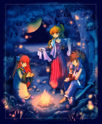 Rule 34 | 1girl, 2boys, androgynous, bare shoulders, blonde hair, campfire, cup, drinking, fire, headband, long hair, mai (woood), moon, multiple boys, pointy ears, ponytail, popoi (seiken densetsu 2), primm (seiken densetsu 2), randi (seiken densetsu 2), red hair, seiken densetsu, seiken densetsu 2, spiked hair, towel, tunic