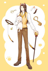Rule 34 | 1boy, animal, animal ear hairband, animal ears, belt, brown dust 2, cane, cat, cat ear hairband, cat ears, cat tail, fake animal ears, formal, full body, hairband, highres, holding, holding animal, holding cane, holding cat, liluo, long hair, looking at viewer, monocle, necktie, olstein (brown dust), paw print, suit, tail, vest