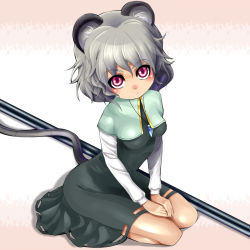 Rule 34 | 1girl, :&lt;, animal ears, female focus, full body, grey hair, jewelry, mouse ears, mouse tail, nazrin, necklace, pendant, red eyes, short hair, sitting, solo, tail, touhou, umigarasu (kitsune1963), white background