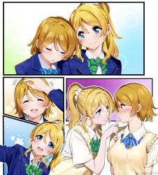 Rule 34 | 2girls, :d, ^ ^, ayase eli, blonde hair, blue eyes, blue neckwear, blush, bow, bowtie, brown hair, closed eyes, closed mouth, eye contact, finger to another&#039;s mouth, green neckwear, hand on another&#039;s head, head on another&#039;s shoulder, highres, koizumi hanayo, looking at another, love live!, love live! school idol project, multiple girls, nakano maru, open mouth, otonokizaka school uniform, petting, ponytail, school uniform, short hair, short sleeves, sleeping, smile, striped bow, striped bowtie, striped clothes, striped neckwear, twitter username, yuri