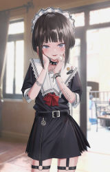 Rule 34 | 1girl, absurdres, arm tattoo, bad id, bad twitter id, belt, black belt, black dress, blurry, blurry background, blush, body writing, bow, bowtie, brown hair, chest tattoo, choker, contrapposto, cowboy shot, cross, depth of field, dress, finger tattoo, gishiki (gshk), grey eyes, hands on own cheeks, hands on own face, hands up, highres, latin cross, looking at viewer, maid, maid headdress, original, pentacle, pin, red bow, red bowtie, sailor collar, sailor dress, short dress, short hair, smile, solo, spiked choker, spikes, standing, studded bracelet, tattoo, white sailor collar, yandere trance