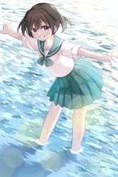 Rule 34 | 1girl, black hair, blush, collarbone, commentary request, day, green sailor collar, green skirt, grin, happy, highres, keito4f, kuraue hinata, lens flare, looking at viewer, ocean, outdoors, outstretched arms, pleated skirt, purple eyes, sailor collar, school uniform, serafuku, shirt, short hair, short sleeves, skirt, smile, solo, spread arms, standing, twintails, wading, water, white shirt, yama no susume