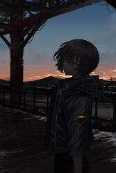 Rule 34 | 1girl, absurdres, black jacket, blue eyes, blue sky, brown hair, closed mouth, dark, from side, head tilt, highres, jacket, looking at viewer, looking to the side, open clothes, open jacket, original, outdoors, ratatatat74, short hair, sky, smile, solo, standing, sunset