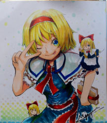 Rule 34 | 1girl, :p, alice margatroid, ascot, blonde hair, blue dress, blue eyes, book, breasts, capelet, closed mouth, commentary request, cowboy shot, doll, dress, frilled ascot, frilled hairband, frilled sash, frills, grimoire of alice, hairband, holding, holding book, hourai doll, jonasan (bad-t), looking at viewer, medium breasts, one eye closed, puffy short sleeves, puffy sleeves, red ascot, red hairband, red sash, sash, shanghai doll, shikishi, short hair, short sleeves, signature, smile, solo, tongue, tongue out, touhou, traditional media, v over eye, white capelet