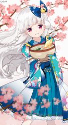 Rule 34 | 1girl, artist name, bell, blue bow, blue kimono, blue skirt, blurry, blurry foreground, bow, braid, branch, cake (isiofb), commentary request, depth of field, fingernails, flower, frilled skirt, frills, hair bell, hair bow, hair ornament, head tilt, holding, idol time pripara, japanese clothes, jingle bell, kimono, koda michiru, long hair, long sleeves, nengajou, new year, parted lips, pink flower, pleated skirt, pretty series, pripara, ribbon-trimmed sleeves, ribbon trim, short kimono, side braids, signature, silver hair, skirt, sleeves past wrists, solo, star (symbol), translation request, twin braids, very long hair, wide sleeves