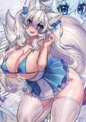 Rule 34 | 1girl, absurdres, animal ear fluff, animal ears, blue eyes, blue skirt, breasts, cleavage, commentary, covered erect nipples, curvy, english commentary, heart, heart-shaped pupils, highres, huge breasts, indie virtual youtuber, licking lips, long hair, looking at viewer, lumi (merryweather), merryweather, osiimi, second-party source, skirt, smile, solo, steam, steaming body, symbol-shaped pupils, tail, thick thighs, thighhighs, thighs, tongue, tongue out, twintails, virtual youtuber, white hair, wide hips, wolf ears, wolf girl, wolf tail, zoom layer