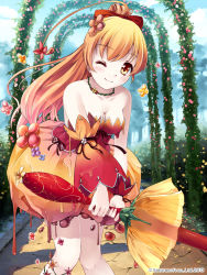 Rule 34 | 1girl, ;), ahoge, arch, breasts, cleavage, detached sleeves, dress, floral arch, flower, highres, jewelry, long hair, melting, miyase mahiro, monster girl, necklace, one eye closed, orange hair, original, red eyes, slime girl, smile, solo, sword, tenkuu no kuni no titania, weapon, wink