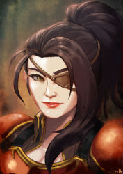 Rule 34 | 1girl, armor, black hair, brown eyes, closed mouth, commentary request, eyepatch, lipstick, looking at viewer, lutherniel, makeup, one eye covered, original, pauldrons, ponytail, portrait, red lips, shoulder armor, signature, smile, solo