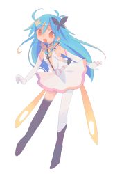 Rule 34 | 1girl, :d, asymmetrical legwear, blue hair, daizu (melon-lemon), dress, elbow gloves, flip flappers, from side, full body, gloves, highres, long hair, looking at viewer, magical girl, no nose, open mouth, papika (flip flappers), red eyes, simple background, sleeveless, smile, solo, tareme, uneven legwear, white gloves, white legwear