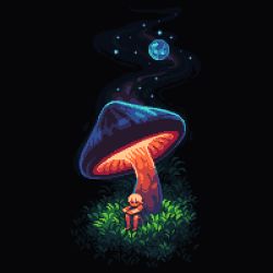 Rule 34 | 1other, black background, closed eyes, full body, glowing mushroom, grass, hands on own knees, highres, mushroom, no mouth, original, pixel art, simple background, tofupixel