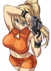 Rule 34 | 1girl, absurdres, black wristband, blonde hair, blue eyes, breasts, cleavage cutout, closed mouth, clothing cutout, commentary, crop top, english commentary, from above, gun, hair between eyes, highres, holding, holding gun, holding weapon, large breasts, long hair, metroid, midriff, mole, mole under mouth, moxydraws, navel, nintendo, orange shirt, orange shorts, plasma pistol, ponytail, samus aran, shirt, short shorts, shorts, sleeveless, sleeveless shirt, solo, sweat, weapon, white background