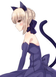 Rule 34 | 1girl, animal ears, artoria pendragon (all), artoria pendragon (fate), bad id, bad pixiv id, bare shoulders, blonde hair, blue dress, blue gloves, blue neckwear, blush, breasts, brown eyes, cat ears, cat tail, choker, closed mouth, dress, elbow gloves, fate/stay night, fate (series), gloves, hair bun, looking at viewer, looking to the side, medium breasts, nosaku (darari-jelly), saber alter, sidelocks, simple background, single hair bun, solo, tail, upper body, white background