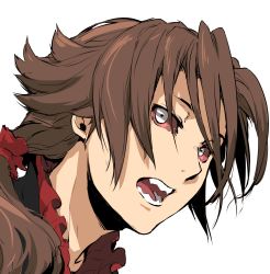 Rule 34 | 1boy, absurdres, baccano!, brown hair, christopher shouldered, colored sclera, enami katsumi, highres, long hair, male focus, ponytail, red sclera, sharp teeth, solo, teeth, white eyes