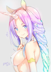 Rule 34 | 1girl, animal ears, armlet, blue eyes, blush, braid, breasts, closed mouth, covered erect nipples, flower, from side, green eyes, grey background, hair flower, hair ornament, half updo, hand up, heart, highres, horns, index finger raised, large breasts, long hair, looking at viewer, original, purple hair, shibi, sideboob, sidelocks, simple background, single braid, single horn, smile, solo, twitter username, unicorn girl