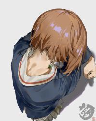 Rule 34 | 10s, 1girl, artist name, blue jacket, brown eyes, brown hair, clenched hand, commentary, crossed arms, crying, dirty, dirty clothes, facing away, from above, girls und panzer, green shirt, grey background, jacket, long sleeves, military, military uniform, miniskirt, nape, neck, nishizumi miho, ooarai military uniform, pleated skirt, shadow, shirt, short hair, signature, simple background, skirt, solo, standing, tears, uniform, veerinly, watermark, white skirt