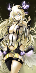 Rule 34 | 1girl, ahoge, bare shoulders, between breasts, black gloves, black thighhighs, blonde hair, braid, breasts, cleavage, cleavage cutout, clothing cutout, cowboy shot, detached sleeves, empty eyes, fingerless gloves, gin ji, gloves, glowing, gluteal fold, hair between eyes, hair over shoulder, headgear, ia (vocaloid), large breasts, long hair, looking at viewer, no panties, see-through, single thighhigh, solo, speaker, thigh gap, thighhighs, twin braids, very long hair, vocaloid, vocaloid append