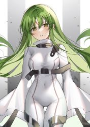 Rule 34 | 1girl, absurdres, belt, belt buckle, bodysuit, breasts, buckle, c.c., code geass, commentary, covered navel, english commentary, facial mark, forehead mark, geass, green hair, highres, impossible bodysuit, impossible clothes, long hair, looking at viewer, medium breasts, nerua, parted lips, signature, sleeves past wrists, solo, straitjacket, very long hair, yellow eyes