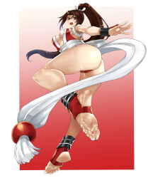 Rule 34 | 1girl, ass, bare legs, barefoot, border, breasts, brown eyes, brown hair, cleavage, eiji (eiji), fatal fury, feet, fire, foot focus, foreshortening, full body, high ponytail, highleg, highleg panties, highres, holding, huge breasts, japanese clothes, long hair, looking at viewer, multicolored background, ninja, open mouth, panties, pelvic curtain, ponytail, red footwear, revealing clothes, rope, sash, shiranui mai, sleeveless, soles, solo, the king of fighters, the king of fighters xv, thighs, thong, thrown, toeless footwear, toes, underwear, white border