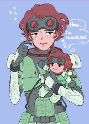 Rule 34 | 1girl, animification, apex legends, black gloves, blue background, brown hair, character doll, doll, embarrassed, english text, freckles, gloves, goggles, goggles on head, green eyes, holding, holding doll, horizon (apex legends), mononobex, open mouth, short hair, smile, solo, spacesuit, speech bubble, straight-on, sweatdrop