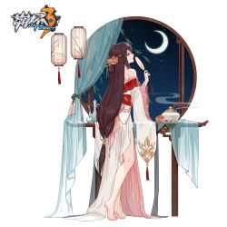 Rule 34 | 1girl, absurdres, bare legs, breasts, brown hair, character request, chinese clothes, flower, from side, hair ornament, hand fan, highres, holding, honkai (series), jewelry, long hair, long sleeves, night, official art, smile, solo, standing, window