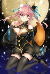 Rule 34 | 10s, 1girl, animal ear fluff, animal ears, bare shoulders, black hat, black jumpsuit, blue bow, blush, bow, breasts, brown eyes, cleavage, closed mouth, commentary, detached sleeves, fate/extra, fate (series), flower, fox ears, fox girl, fox tail, full moon, hair between eyes, hair bow, hand up, hat, jumpsuit, large breasts, long hair, long sleeves, looking at viewer, mini hat, mini top hat, moon, moruchi (rinaka moruchi), night, night sky, o-ring, official alternate costume, pink flower, pink hair, short jumpsuit, sidelocks, sky, sleeves past fingers, sleeves past wrists, solo, sparkle, star (sky), starry sky, tail, tamamo (fate), tamamo no mae (fate/extra), tamamo no mae (sable mage) (fate), top hat, twintails, wide sleeves