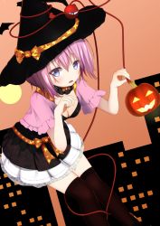 Rule 34 | 1girl, alternate costume, bat (animal), blue eyes, breasts, brown thighhighs, choker, cityscape, cleavage, dress, dutch angle, frilled choker, frills, full moon, halloween, halloween costume, hands up, hat, hat ribbon, highres, jack-o&#039;-lantern, komeiji satori, layered dress, leaning forward, looking at viewer, medium breasts, moon, parted lips, pink background, pink hair, ribbon, shawl, short hair, solo, thighhighs, third eye, touhou, witch hat, yuuforia