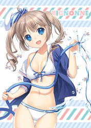 Rule 34 | 1girl, bikini, bikini under clothes, blue eyes, blush, breasts, brown hair, cowboy shot, drill hair, happy, hat, hose, long hair, looking at viewer, mochiko (mochiko3121), navel, open clothes, open mouth, open shirt, original, sailor collar, shirt, simple background, smile, solo, striped, striped background, swimsuit, twintails, water