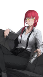 Rule 34 | 1girl, belt, black belt, black necktie, black pants, braid, braided ponytail, breasts, chainsaw man, collared shirt, couch, crossed legs, darr1o, feet out of frame, grin, high-waist pants, highres, large breasts, makima (chainsaw man), necktie, pants, red hair, shirt, simple background, sitting, smile, solo, suspenders, white background, white shirt, yellow eyes