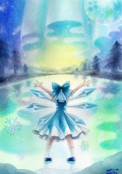Rule 34 | 1girl, 2015, artist name, aurora, blue hair, bow, cirno, colorful, dated, dress, from behind, hair bow, ice, ice wings, lake, moon, mosho, mountain, outstretched arms, painting (medium), reflection, scenery, short hair, signature, sky, snowflakes, solo, star (sky), touhou, traditional media, tree, watercolor (medium), wings