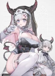 Rule 34 | 2girls, blue eyes, blush, breasts, bright pupils, cleavage, demon tail, elbow gloves, gloves, grey hair, hair ornament, hairclip, hand up, highres, horns, index finger raised, large breasts, looking at viewer, medium hair, multiple girls, original, skindentation, sparkle, tail, thighhighs, voruvoru, white gloves, white pupils, white thighhighs