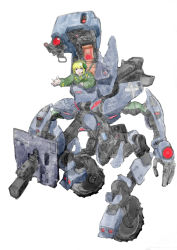 Rule 34 | artist request, blonde hair, blue eyes, blunt bangs, camouflage, looking at viewer, mecha, mortar (weapon), open cockpit, original, pilot, reverse-jointed legs, robot, short hair, simple background, weapon, wheel, white background