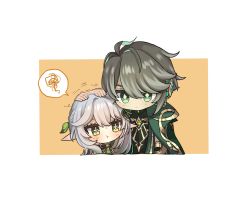 Rule 34 | 1boy, 1girl, absurdres, alhaitham (genshin impact), cape, chest jewel, chibi, child, commentary request, cross-shaped pupils, genshin impact, green eyes, grey hair, hair ornament, headpat, headphones, highres, leaf hair ornament, long hair, nahida (genshin impact), pointy ears, pout, side ponytail, sui (gnsn yuku), symbol-shaped pupils, white hair